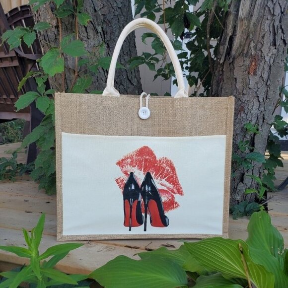 Custom Canvas Tote Bag, Large Size - Red Lips & Heels Theme Cream Tote - Picture 1 of 16
